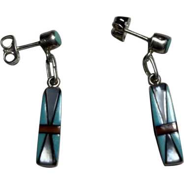 Vintage Zuni Inlaid Sterling Drop Earrings Artist 