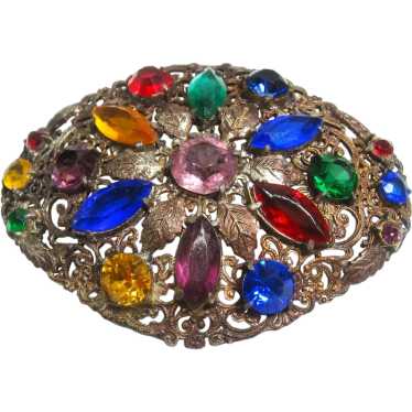 Art Deco Brass and Multi Colored Rhinestone Brooch