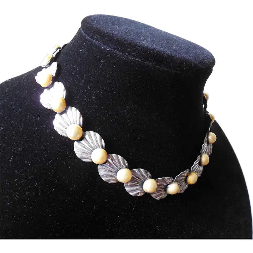 Denmark Sterling Silver & Faux Pearl Necklace Sig… - image 1