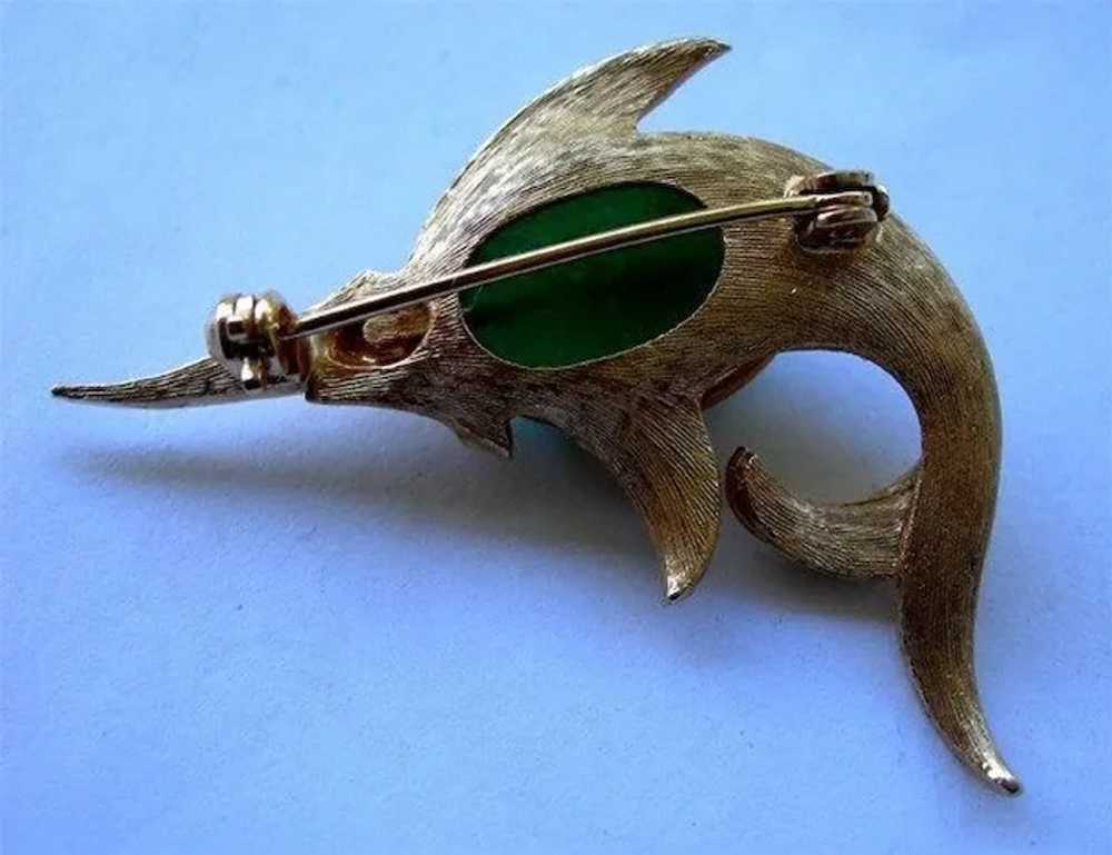 Vintage Goldtone Figural Fish Brooch - Green Glas… - image 2