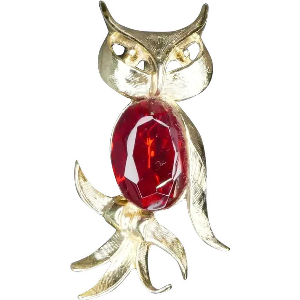 Vintage Owl Brooch With Red Crystal or Glass Belly - image 1