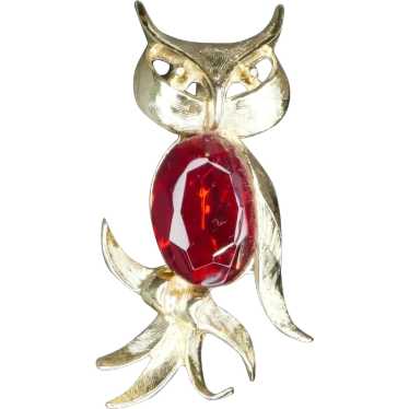 Vintage Owl Brooch With Red Crystal or Glass Belly - image 1