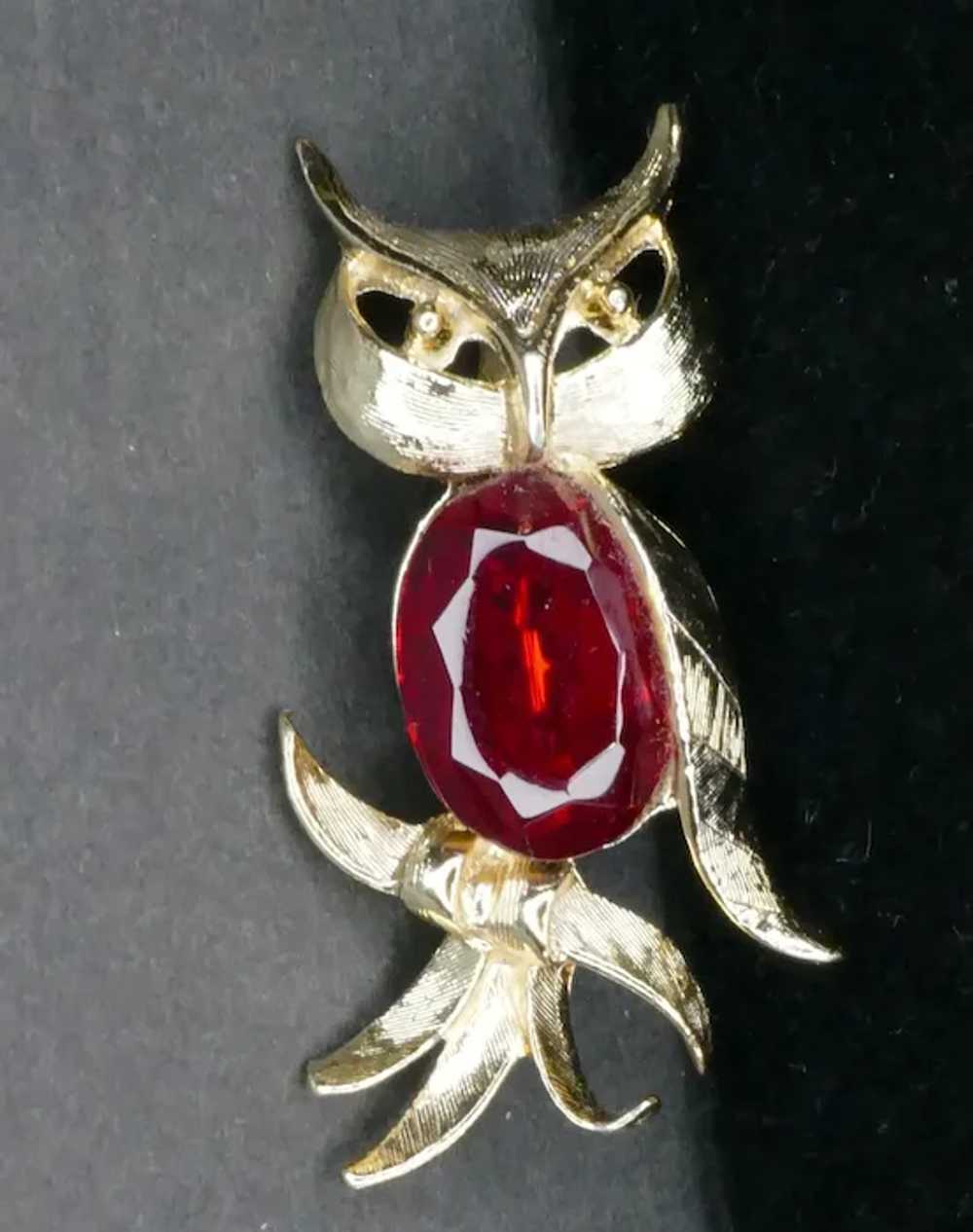 Vintage Owl Brooch With Red Crystal or Glass Belly - image 4