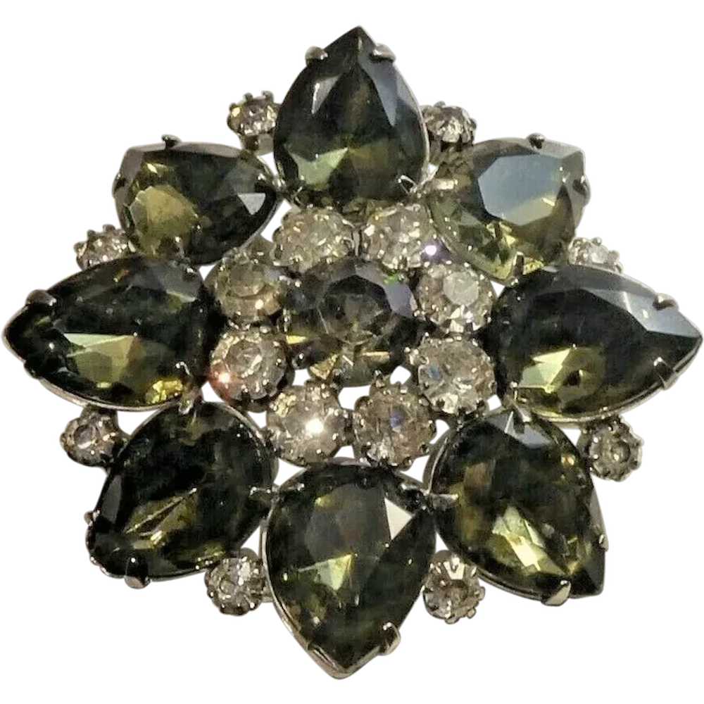 Big Bold Crystal Brooch Smoky Gray Green & Clear … - image 1