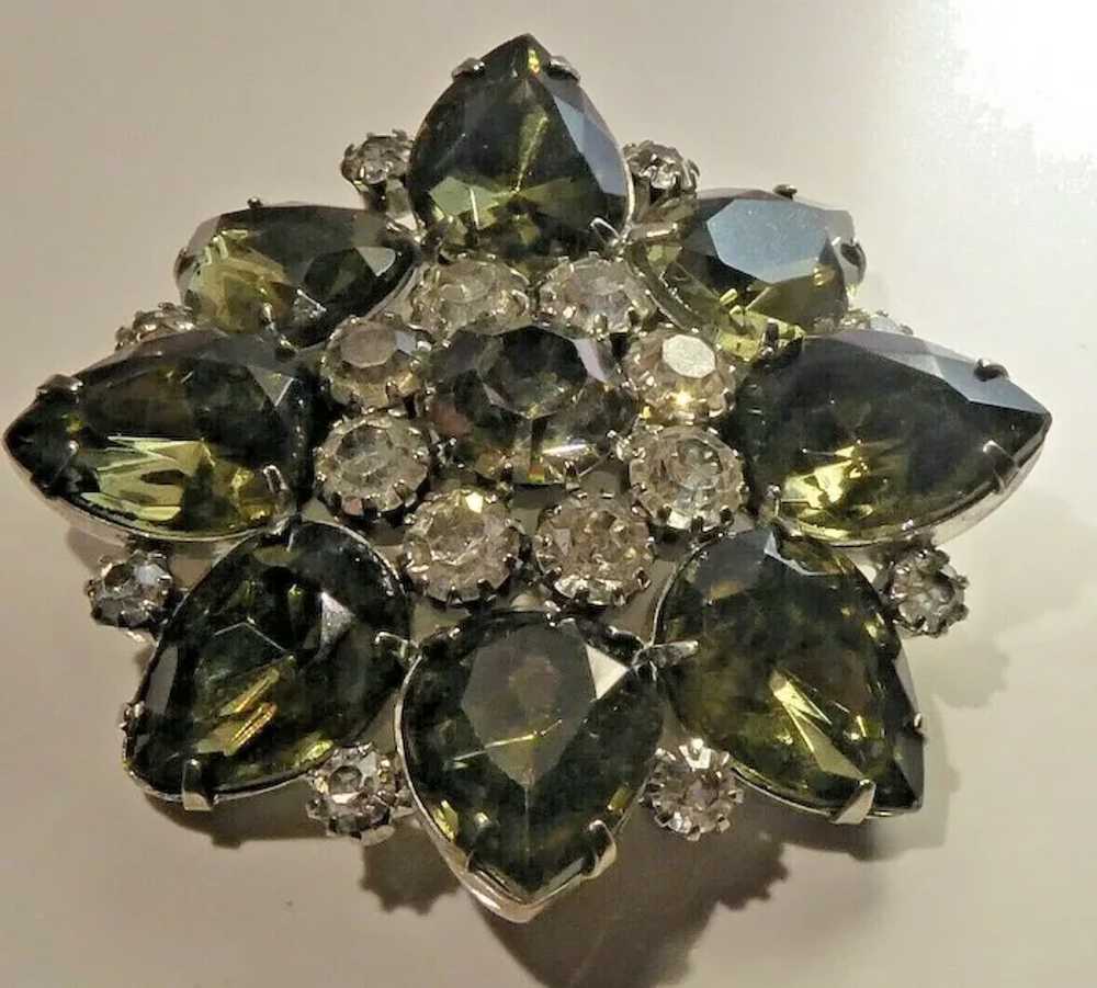 Big Bold Crystal Brooch Smoky Gray Green & Clear … - image 3