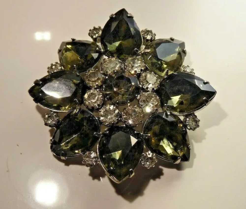 Big Bold Crystal Brooch Smoky Gray Green & Clear … - image 4