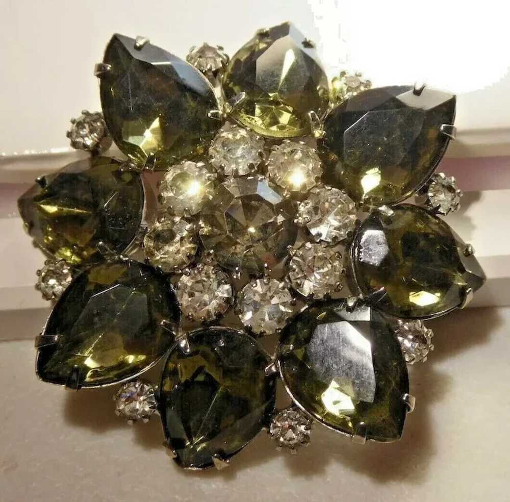 Big Bold Crystal Brooch Smoky Gray Green & Clear … - image 5