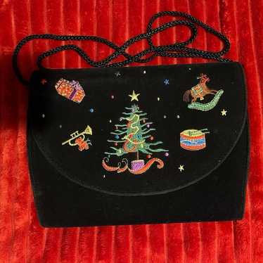 Vintage Black Velvet Embroidered Holiday Christma… - image 1