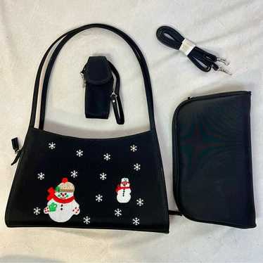 Vintage 90s Christmas purse Embroidered snowman B… - image 1