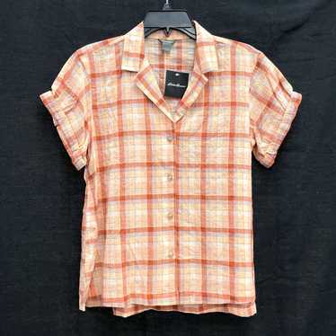 NWT Wmns EDDIE BAUER Peach Plaid Short Sleeve Lig… - image 1