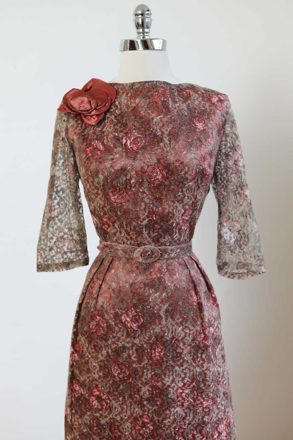 Vintage 1950s COPPER LACE Dress - Satin Rose + Ro… - image 3