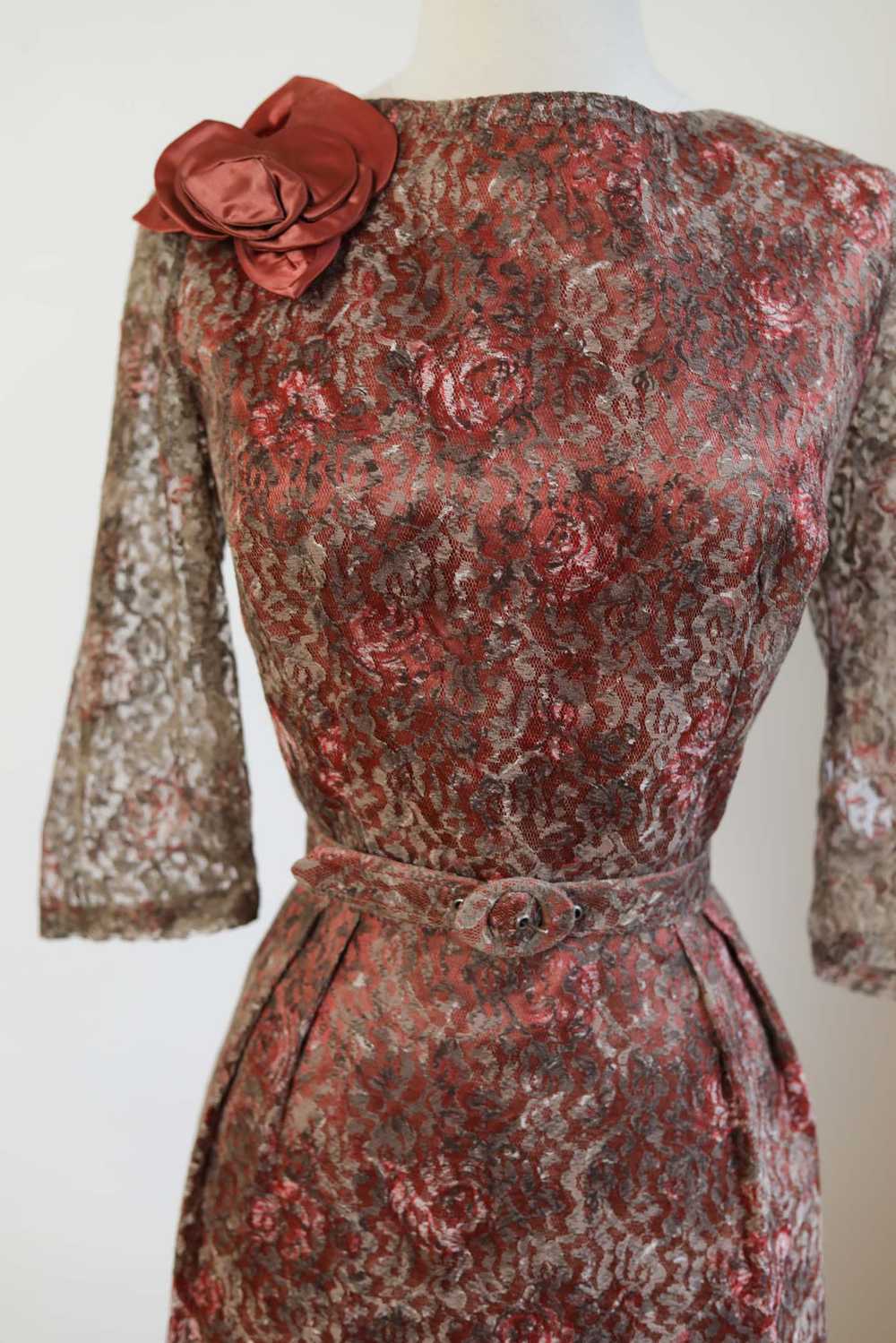 Vintage 1950s COPPER LACE Dress - Satin Rose + Ro… - image 5