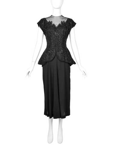 Vintage 1940s Black Beaded Rayon Peplum Dress