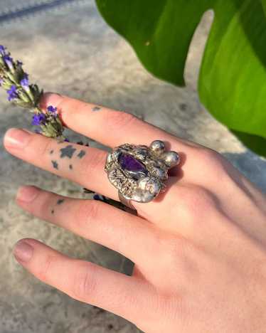 Signed Brutalist Sterling Amethyst Ring