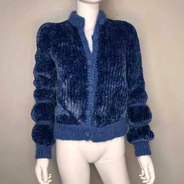 1970s Blue Chenille Hand Knitted Cardigan Sweater… - image 1