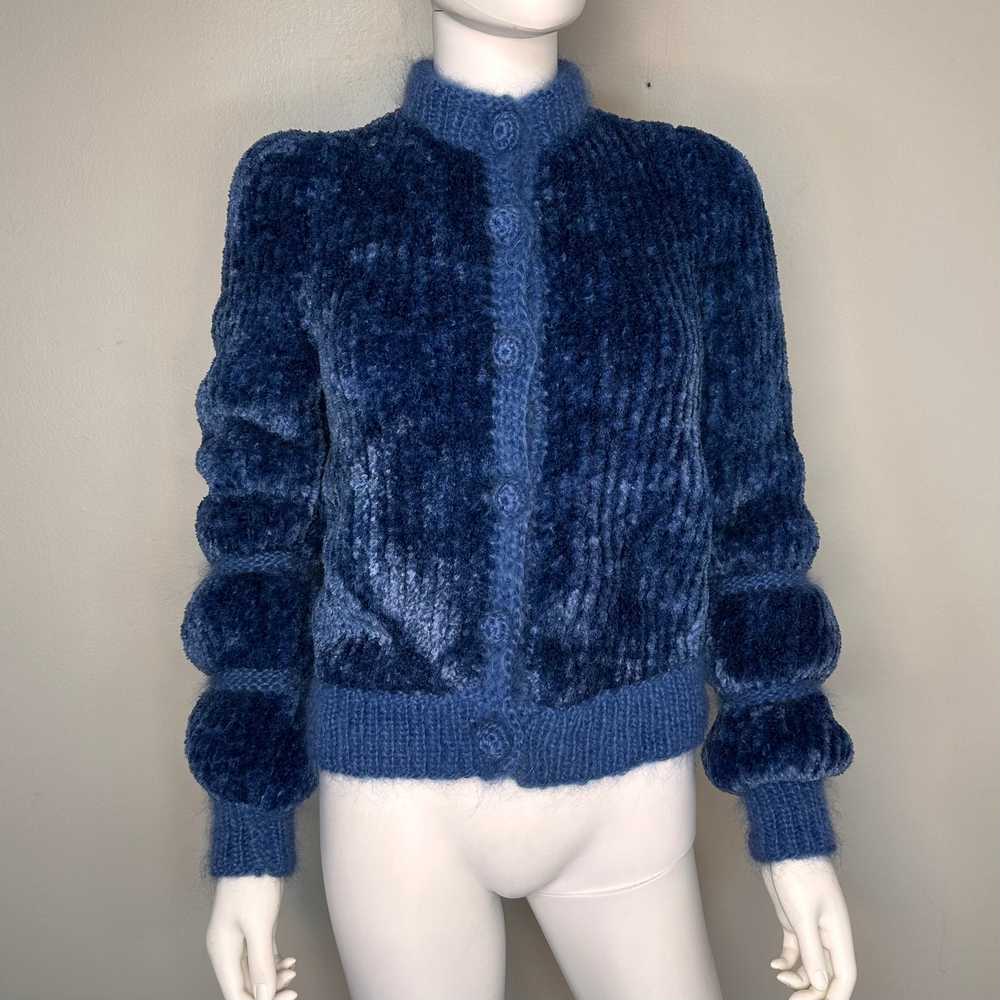 1970s Blue Chenille Hand Knitted Cardigan Sweater… - image 2