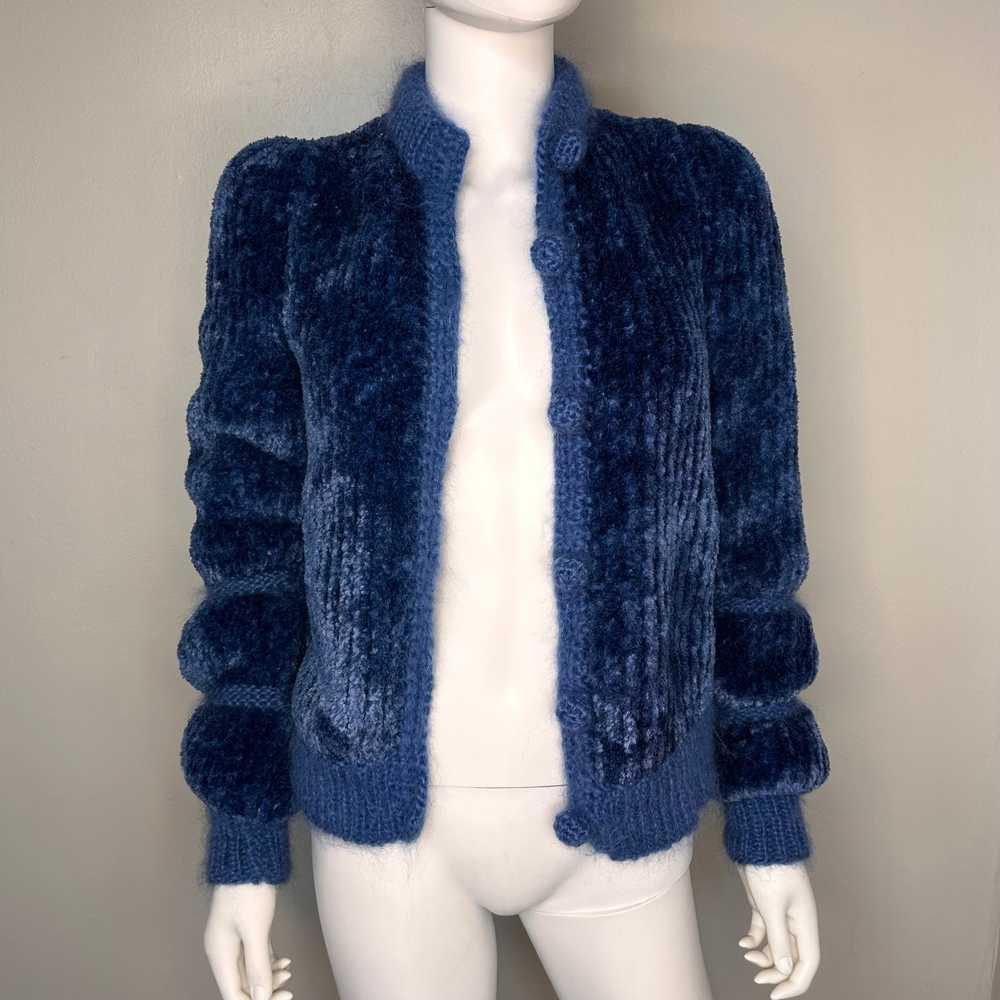 1970s Blue Chenille Hand Knitted Cardigan Sweater… - image 3