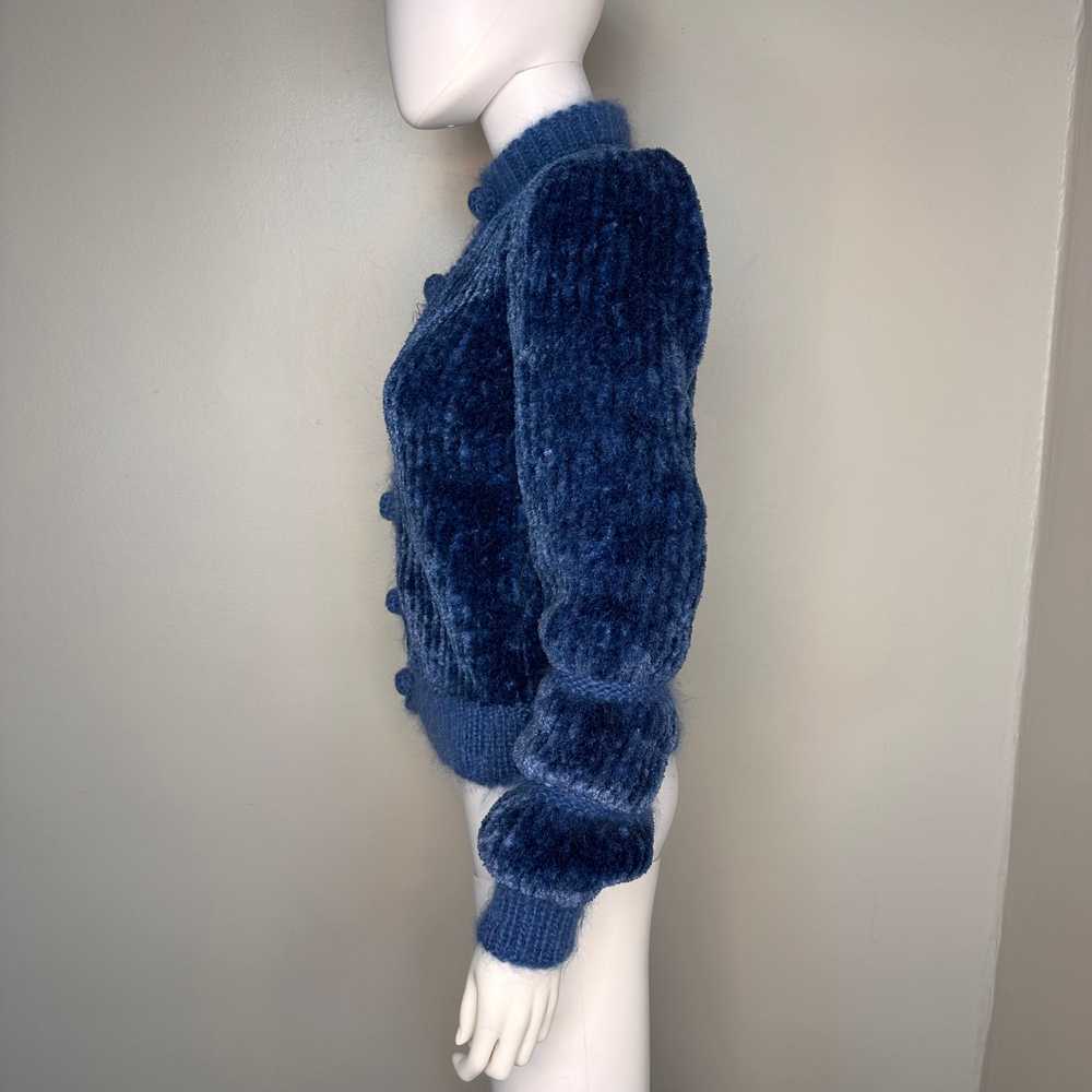 1970s Blue Chenille Hand Knitted Cardigan Sweater… - image 4