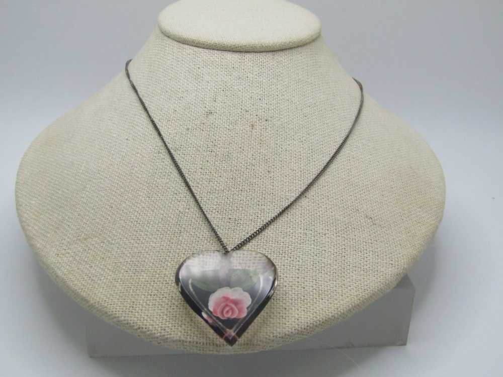 Vintage Sterling Reversed Carved Rose Heart Neckl… - image 1