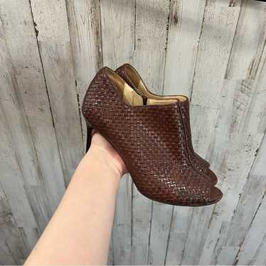 Cole Haan Brown Woven Leather Peep Toe Booties