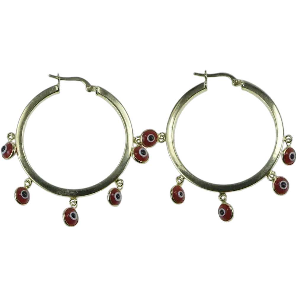 14K Red Evil Eye Nazar Fringe 33.5mm Hoop Earring… - image 1