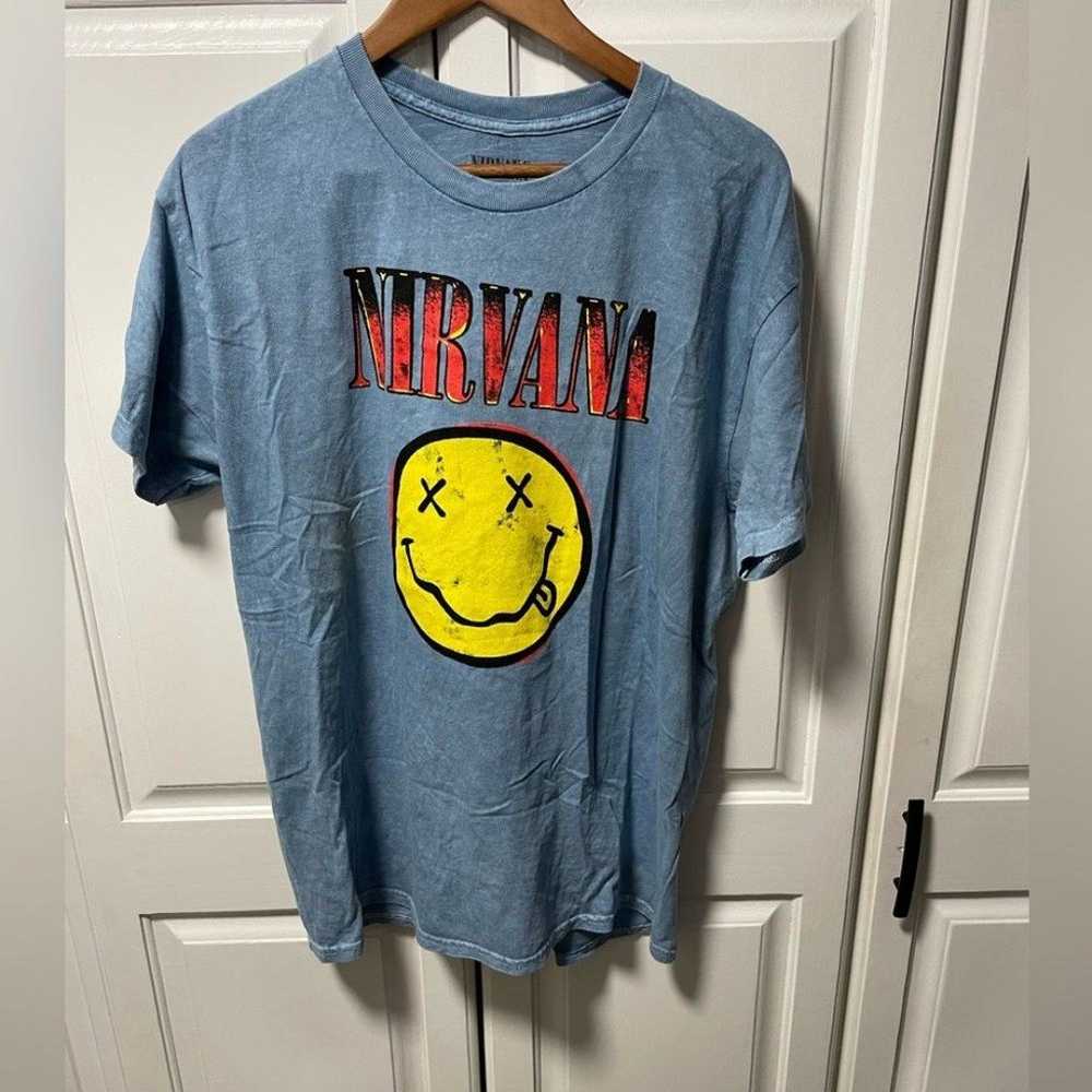 Nirvana Smiley Graphic Tee Blue Washed size Large… - image 1