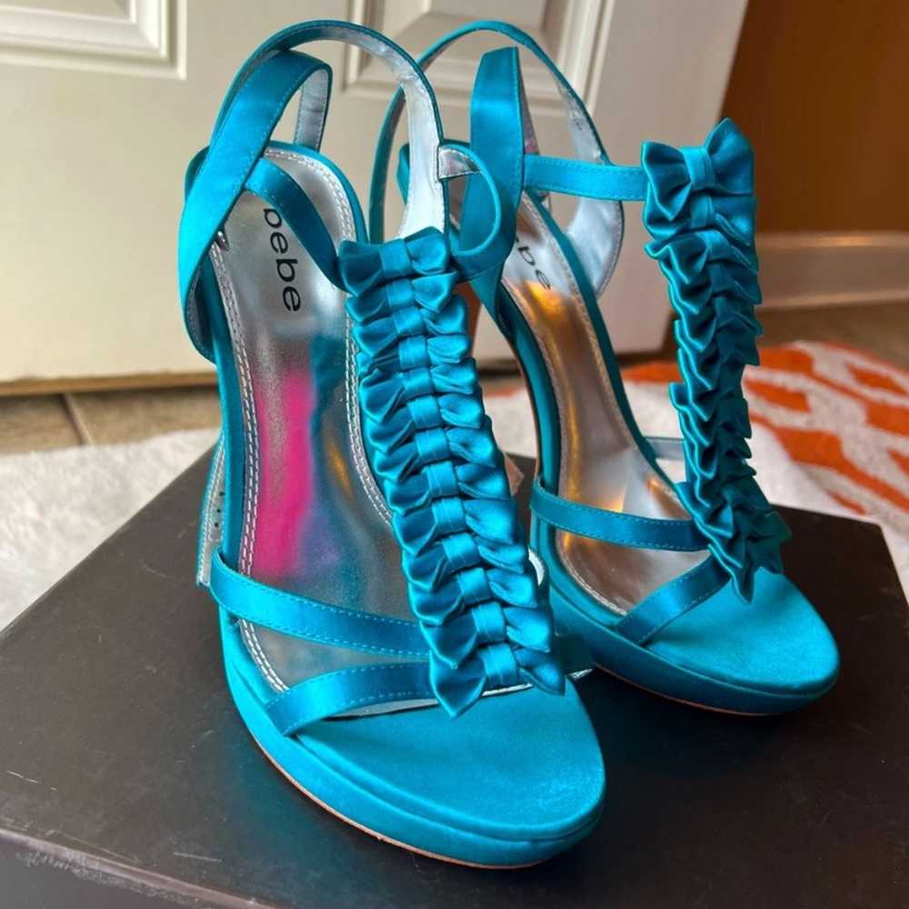 BEBE Jenny Turquoise Satin Bow Strap Heels - image 1