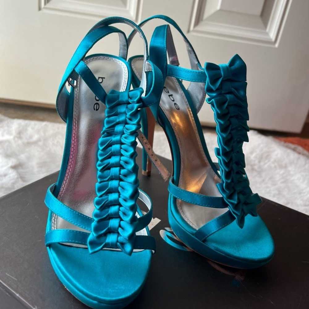 BEBE Jenny Turquoise Satin Bow Strap Heels - image 2