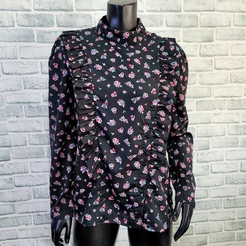 Vintage 90s Sahara Black Offset Ruffle Button Up … - image 10