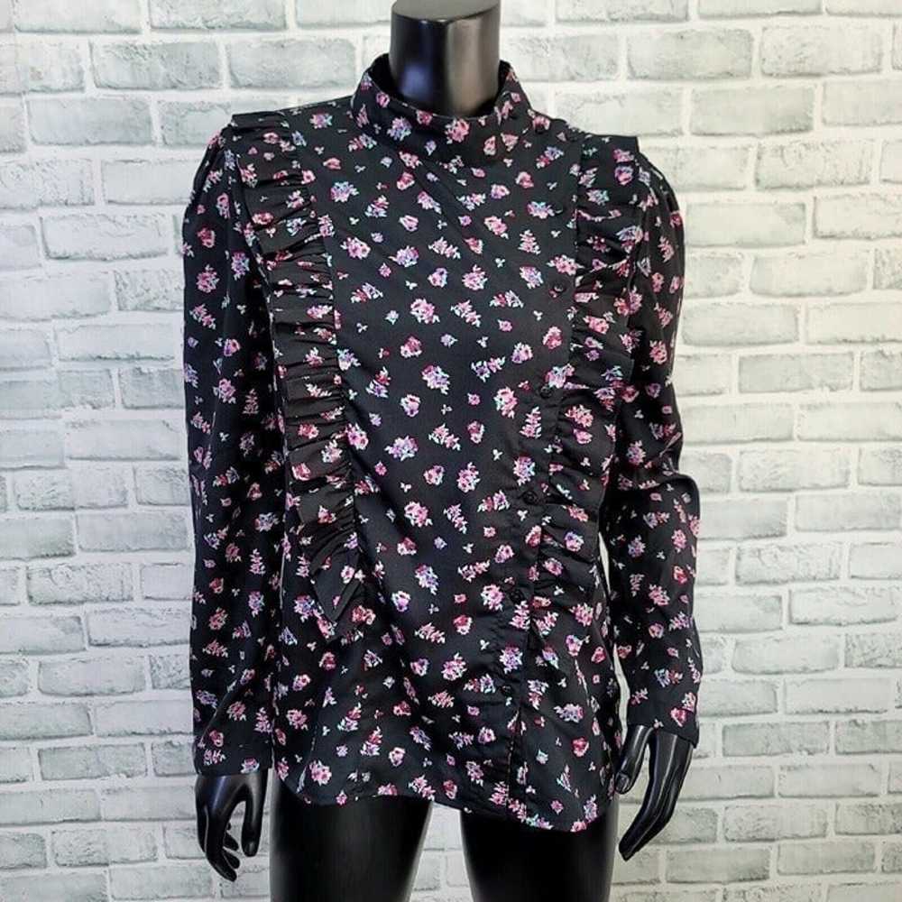 Vintage 90s Sahara Black Offset Ruffle Button Up … - image 1