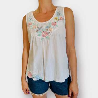 80s Together! White Embroidered Flowers Tank