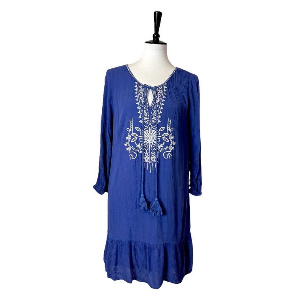 ENTRO Dress Boho Shift Embroidered Ruffle Tassel … - image 1