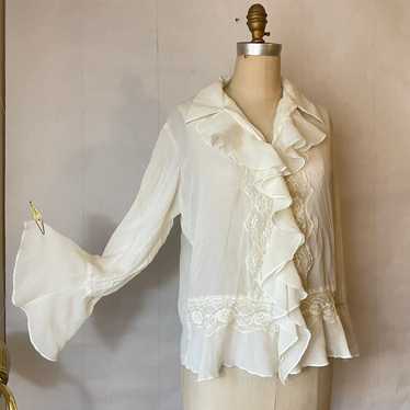 Vintage 90s Sheer Cream Ruffle and Lace Detail To… - image 1