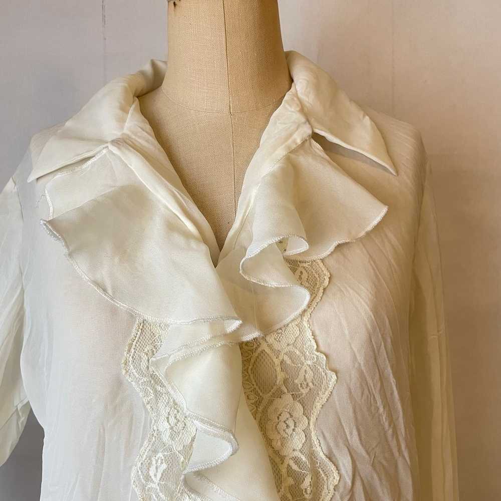 Vintage 90s Sheer Cream Ruffle and Lace Detail To… - image 2