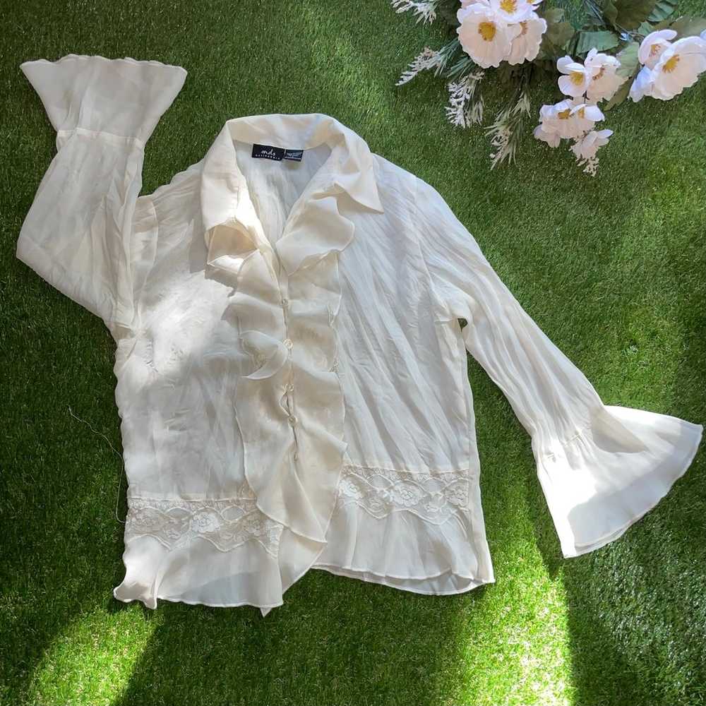 Vintage 90s Sheer Cream Ruffle and Lace Detail To… - image 3