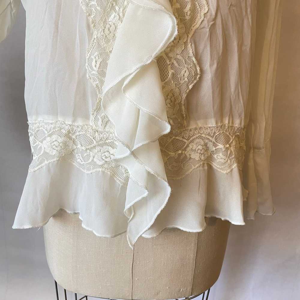 Vintage 90s Sheer Cream Ruffle and Lace Detail To… - image 5