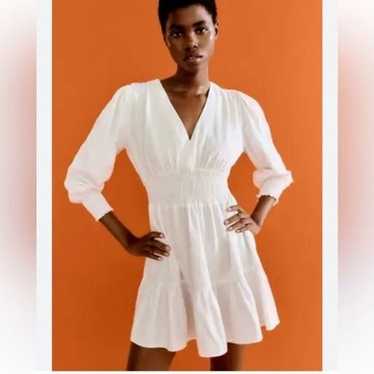 Zara Large White Linen Long Sleeve Mini Boho Dress - image 1