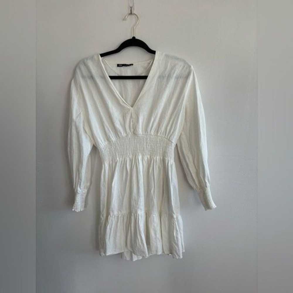 Zara Large White Linen Long Sleeve Mini Boho Dress - image 2