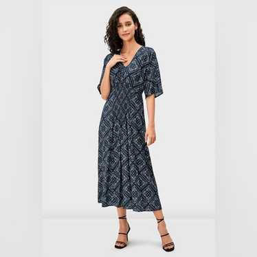 eshakti Blue Tile Print Rayon Smocked Waist Dress… - image 1