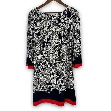 Eliza J Black White Red Floral Half Sleeve Scoop … - image 1