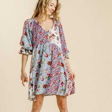 Umgee Floral Patchwork Mini Dress (S)