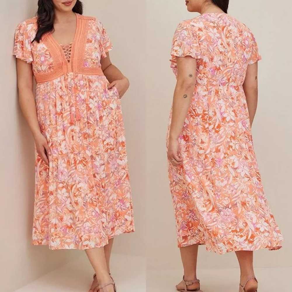 Torrid Orange Floral Maxi Dress Crochet Boho Plus… - image 5