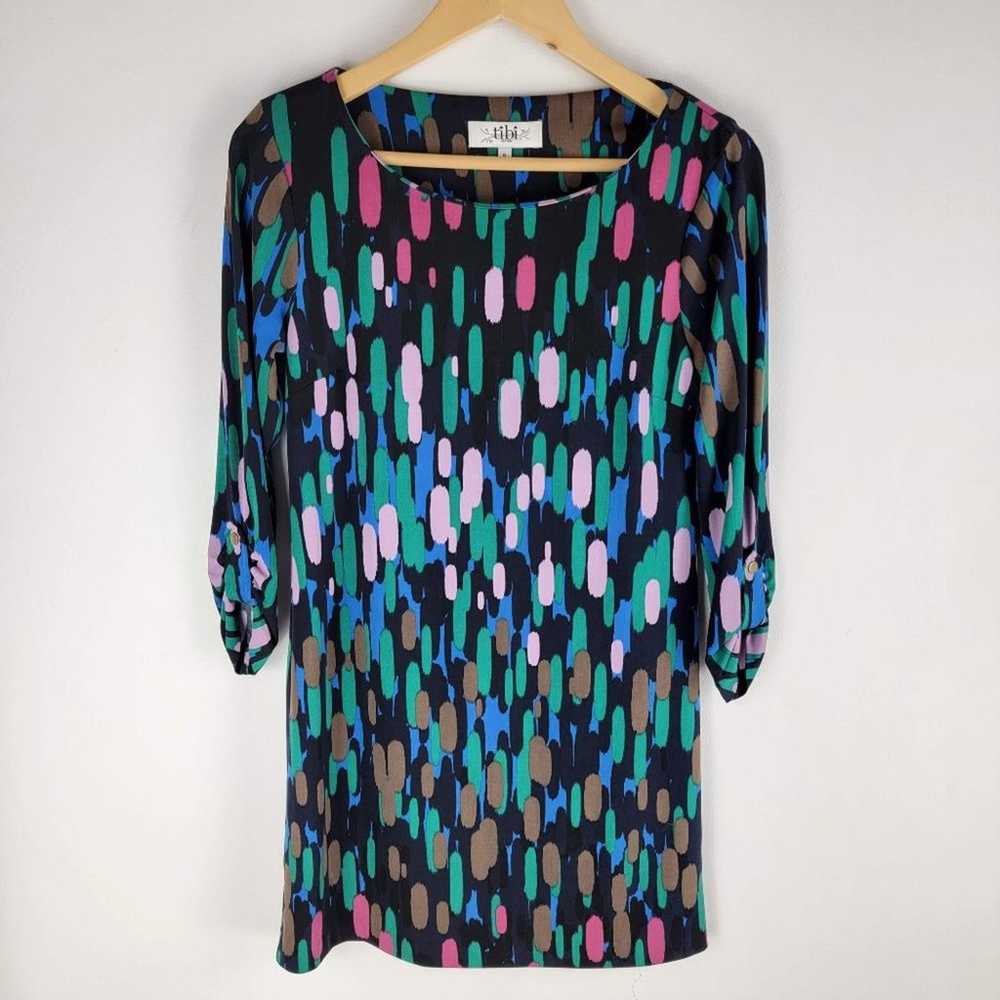 Tibi Abstract Printed Mini Dress Roll Tab Sleeves… - image 1