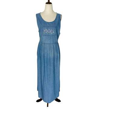 VINTAGE 90s Denim Embroidered Midi Maxi Dress