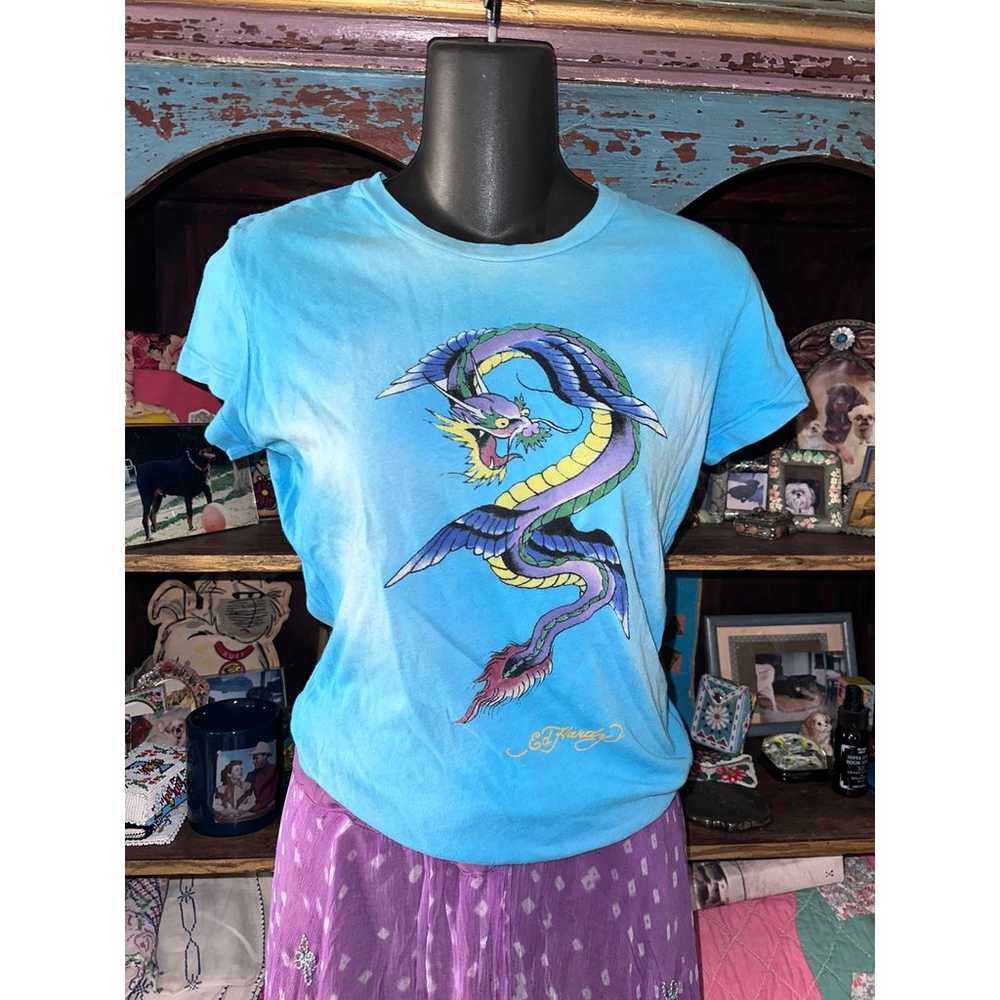 VINTAGE ED HARDY SKY BLUE/TURQUOISE CLOUDS DRAGON… - image 1