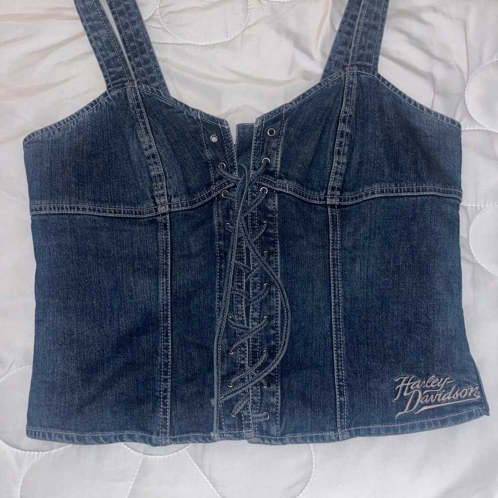 Harley Davidson Denim Vest Women's Lace Up Large - image 3