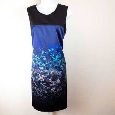 Tahari Blue And Black Watercolor Satin Sheath Dres