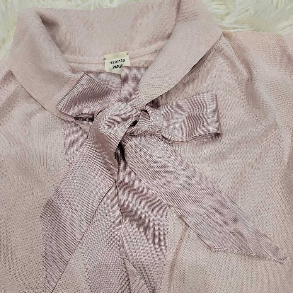 HERMES Pink Bow Tie Ribbon Blouse, Thin Knit, Sho… - image 3