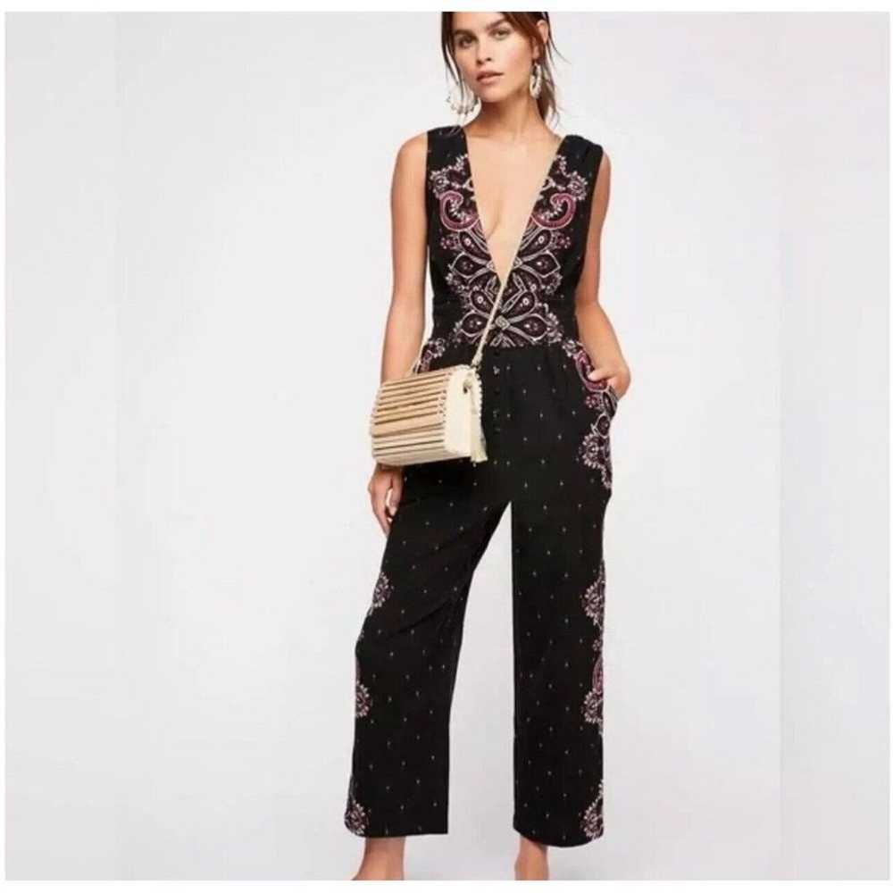 Free People Setting Sun Printed Jumpsuit Black Fl… - image 2