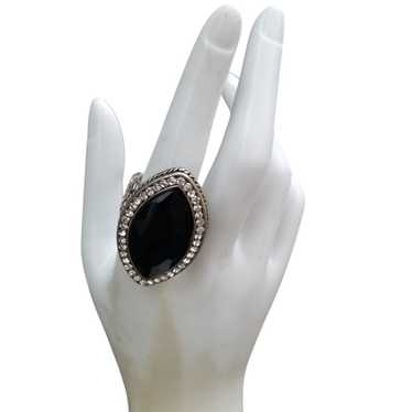 LARGE BLACK GLASS STONE & WHITE RHINESTONE SILVER… - image 1